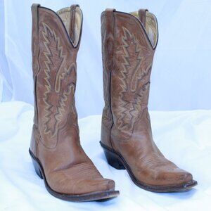 Old West  Size 8.5 Tan Canyon 12in Snip Toe Leather Fancy Stitch Boots - LF 1529
